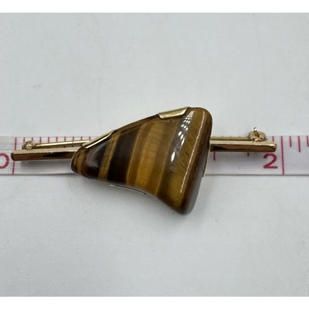 Vintage 14k‎ Yellow Gold Polished Stone Tigers Eye Brooch Pin Estate Jewelry